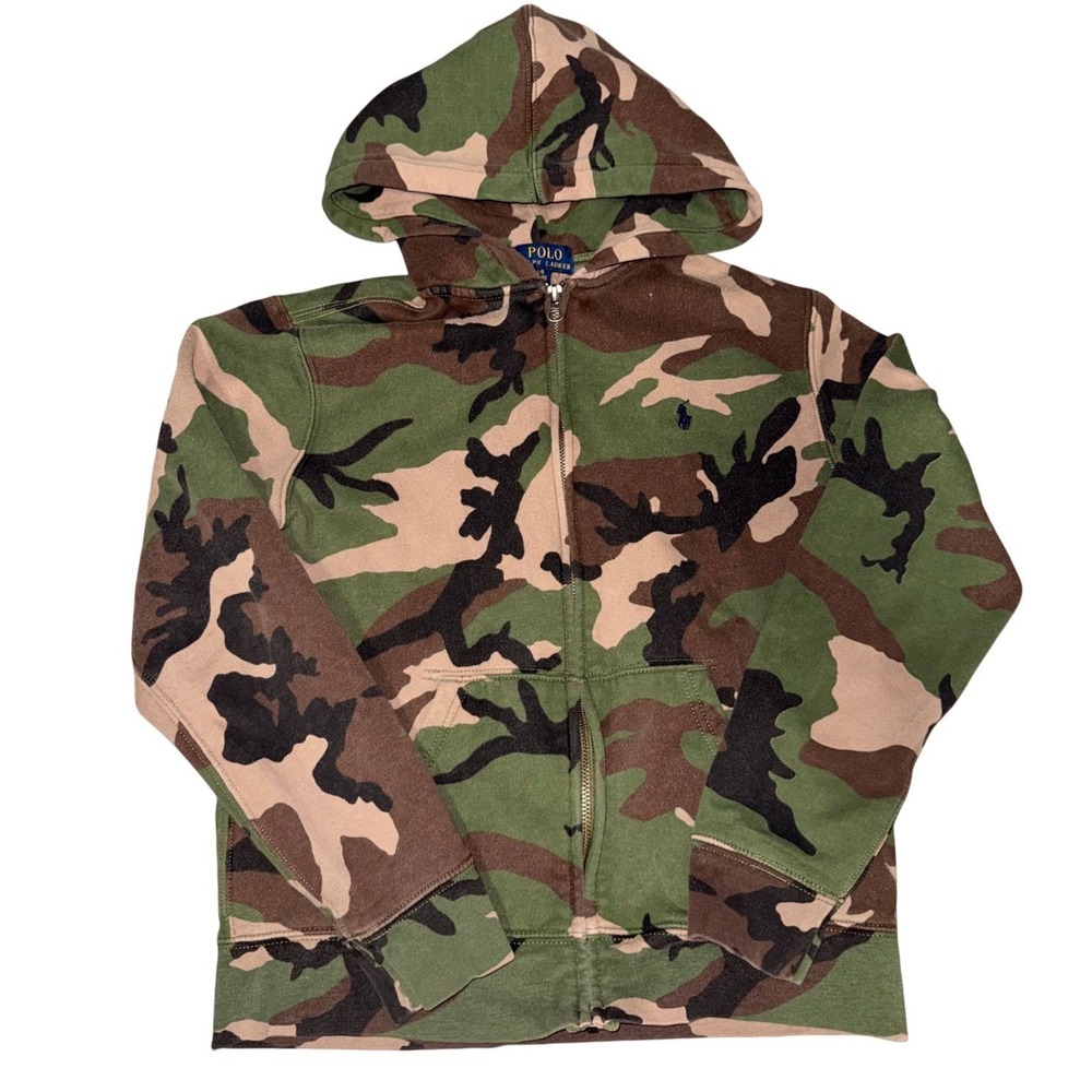 Polo‎ Ralph Lauren Hoodie Camo Zip Up Fleece Streetwear Gorpcore L 14-16 Green